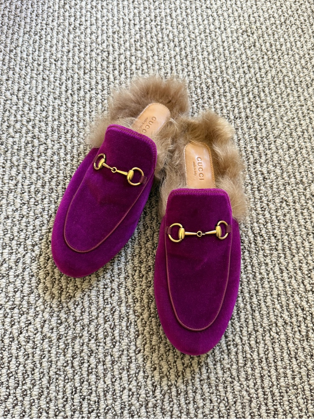 Gucci princetown purple velvet fur slip on mules